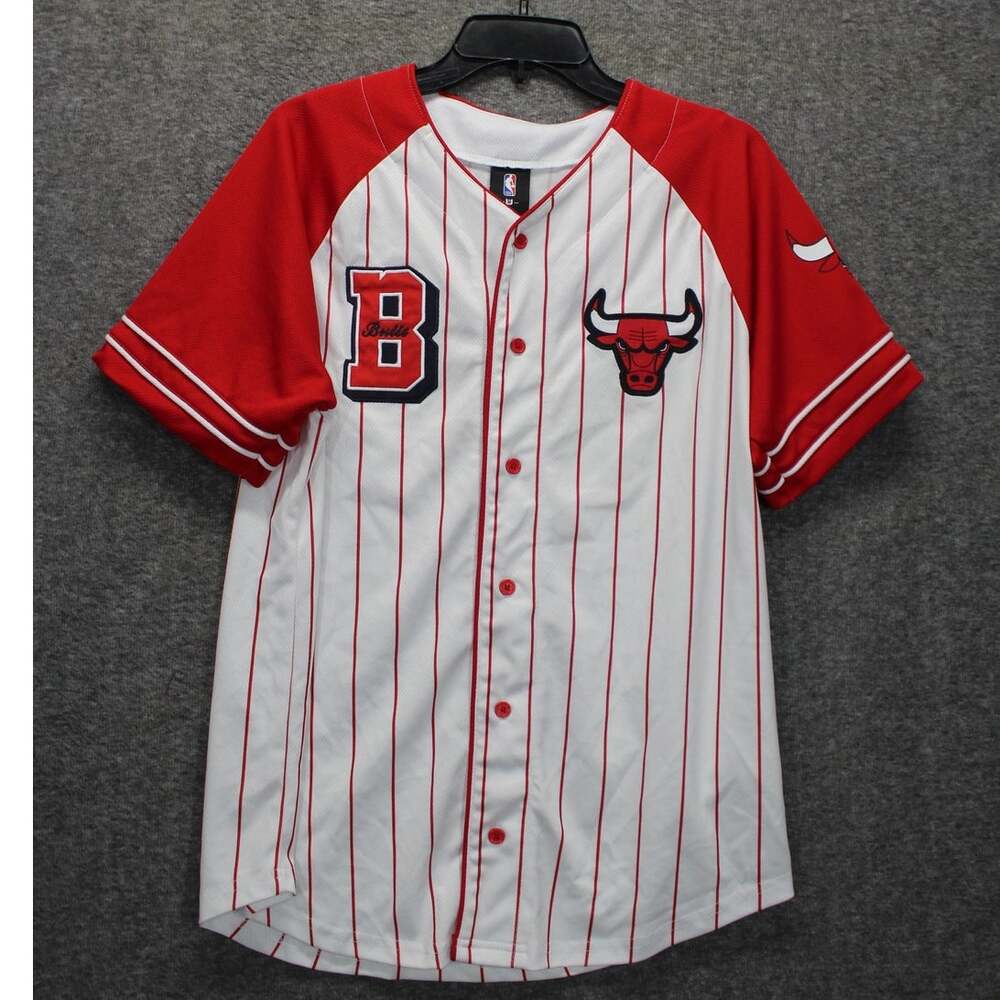 NBA Chicago Bulls Button Up Jersey Mens Small Embroidered Logo Striped White Red